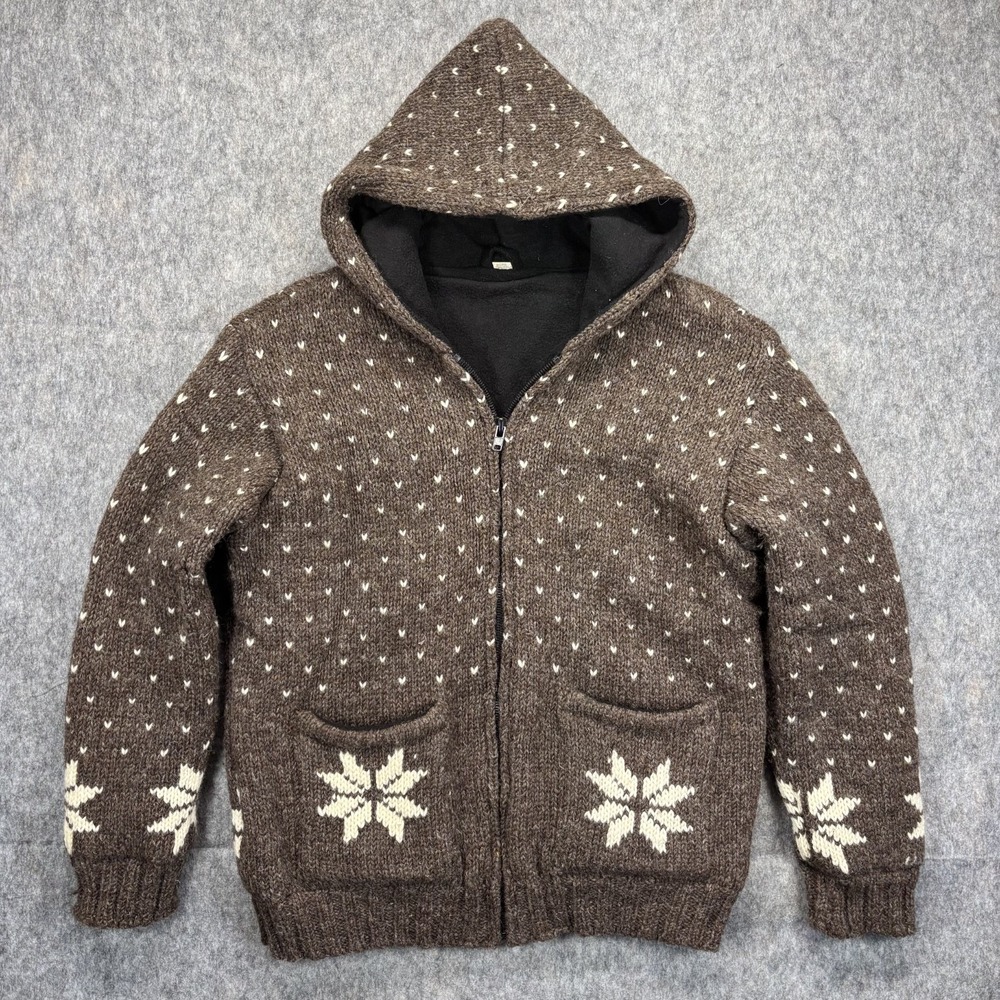 Vintage Nepal‎ Fair Isle Nordic Snowflake Brown Wool Hood Zip Sweater Large Knit